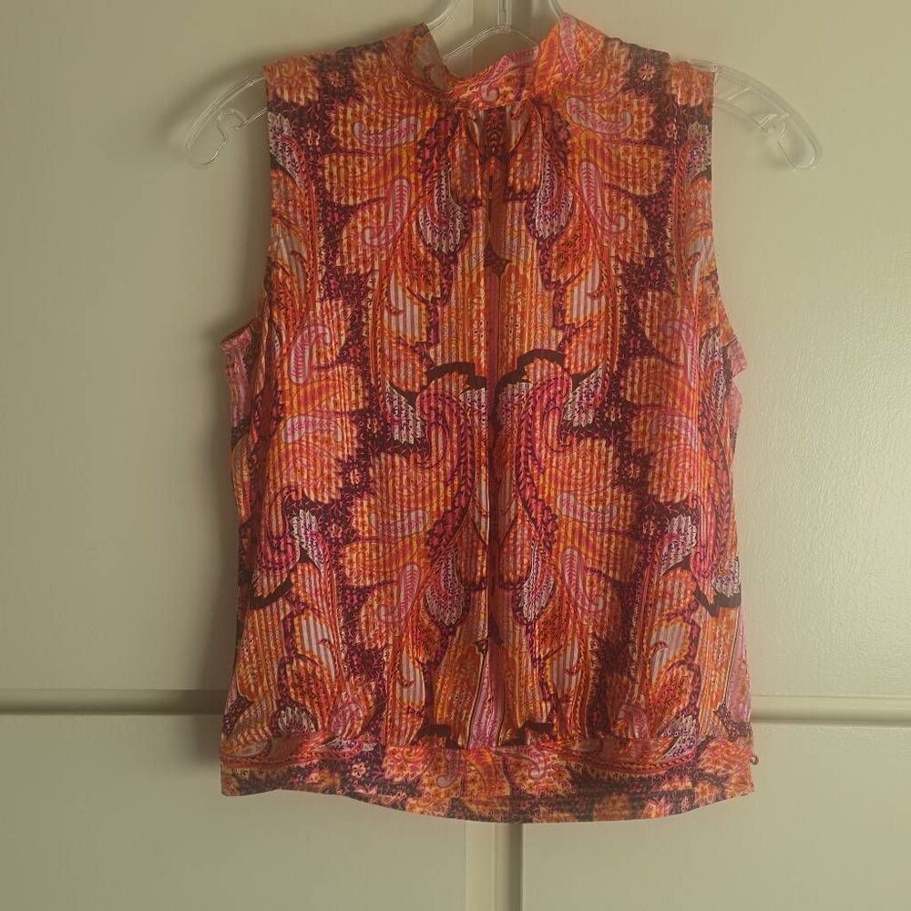 Talbots Orange/ Multicolor Slvls. Silk Paisley Blouse, Stand Collar, NWOT, 2P